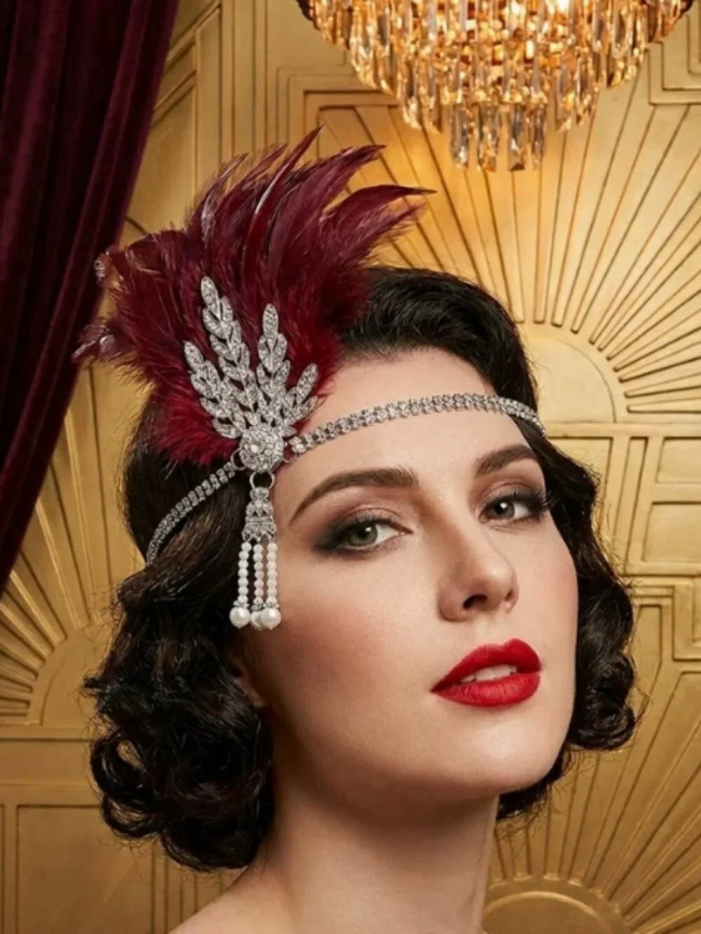 1920s Gatsby Flapper Headband Burgundy Feather Rhinestone Pearl